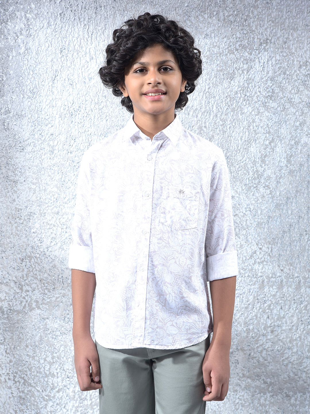 Beige Floral Print Linen Shirt