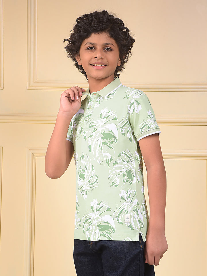 Green Floral Print Polo Neck T-Shirt