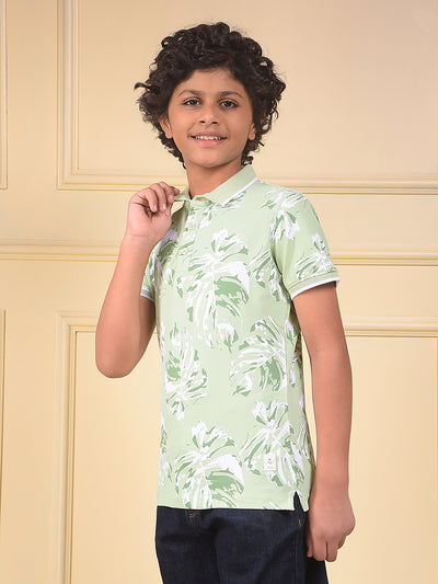 Green Floral Print Polo Neck T-Shirt