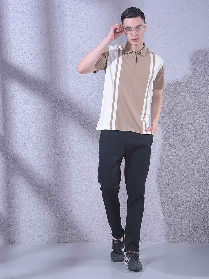Beige Color-Blocked Polo Neck T-Shirt with Zip Closure