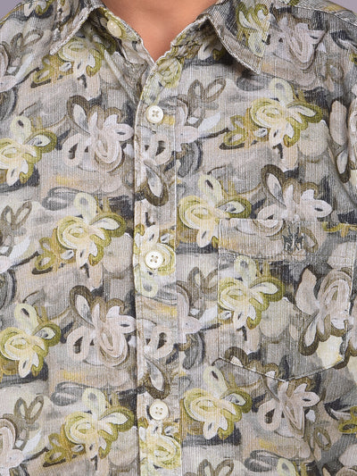 Green Floral Print 100% Cotton Corduory Shirt