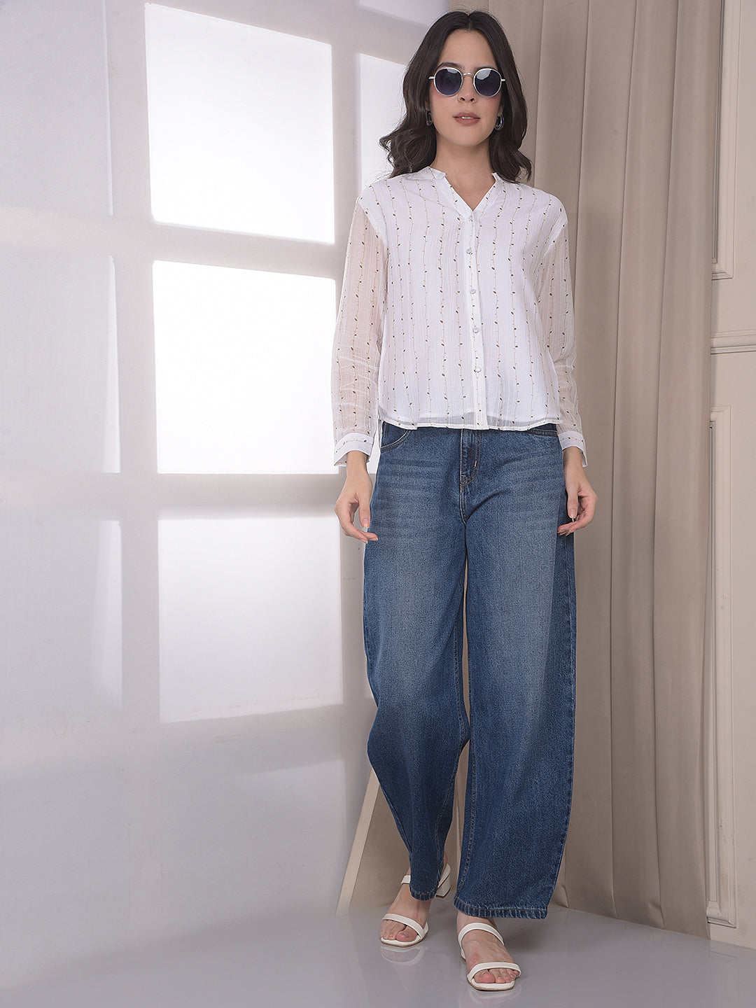 White Botanical Print V-Neck Top