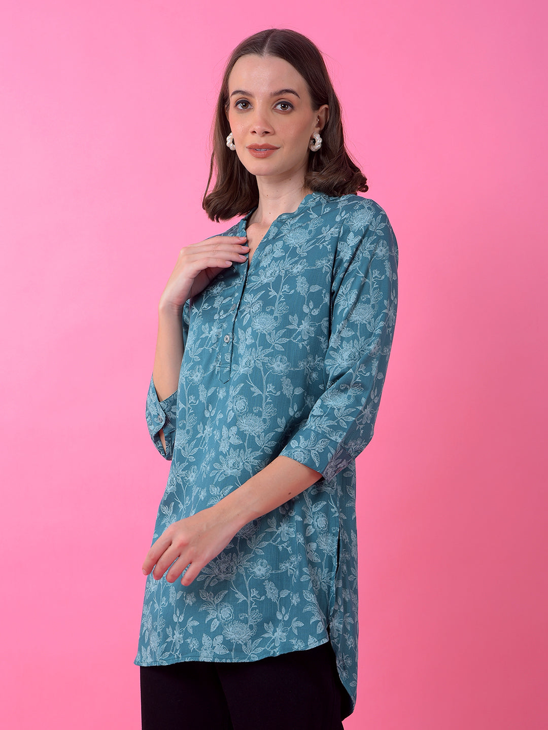 Blue Floral Print V-Neck Top