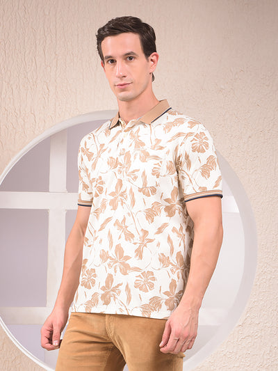 Beige Floral Print Polo Neck T-Shirt