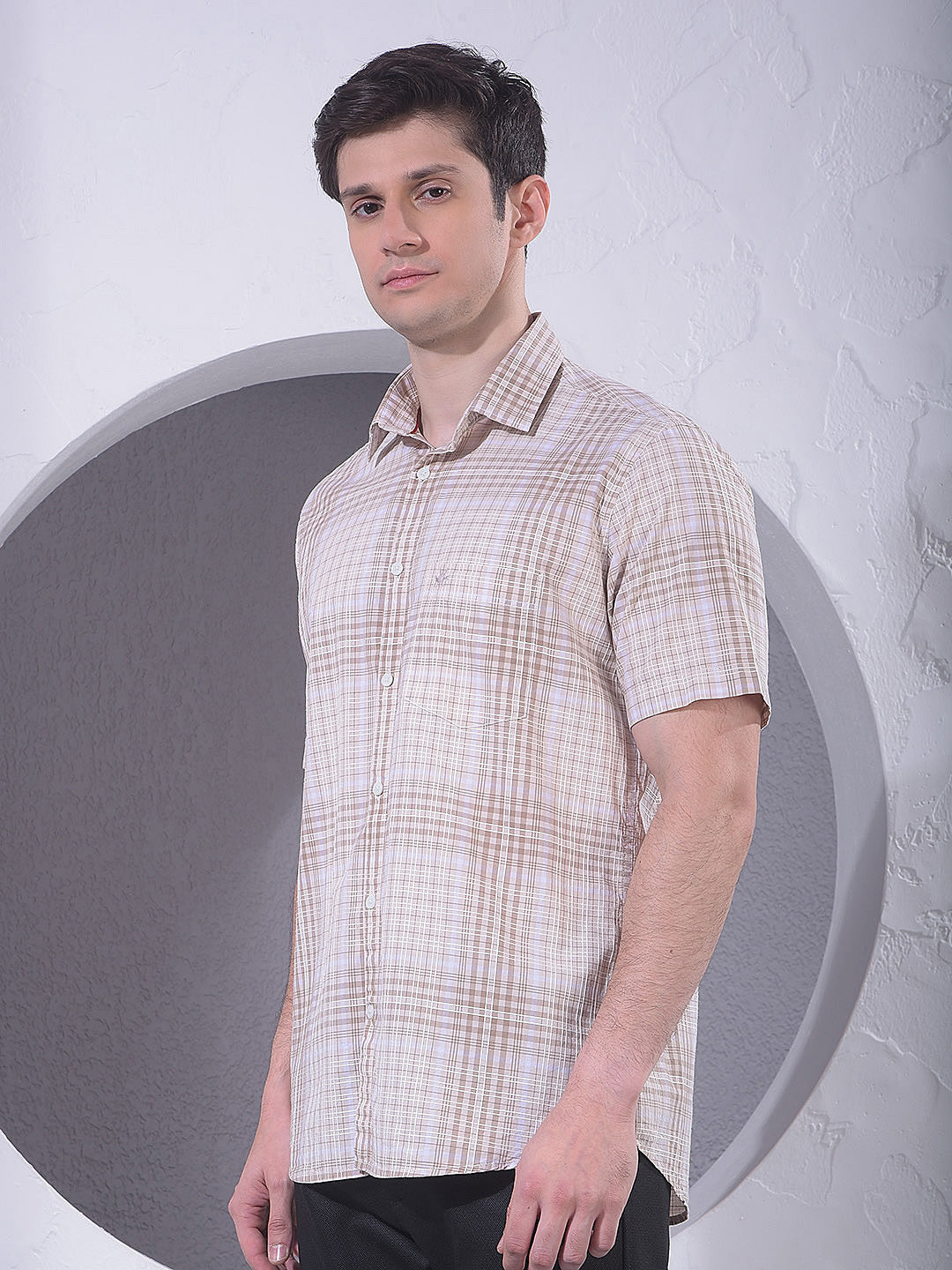 Beige Checked 100% Cotton Shirt