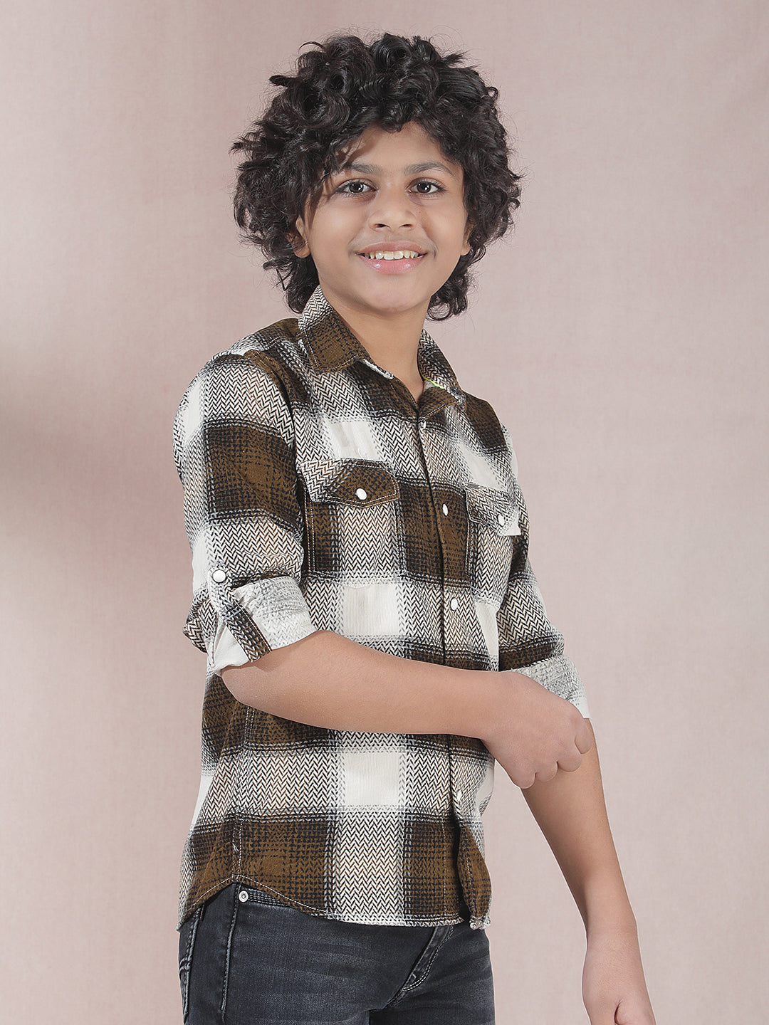 Brown Checked 100% Cotton Corduroy Shirt