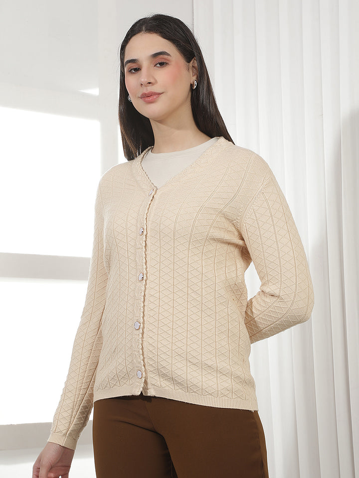 Beige Jacquard V-neck Cardigan