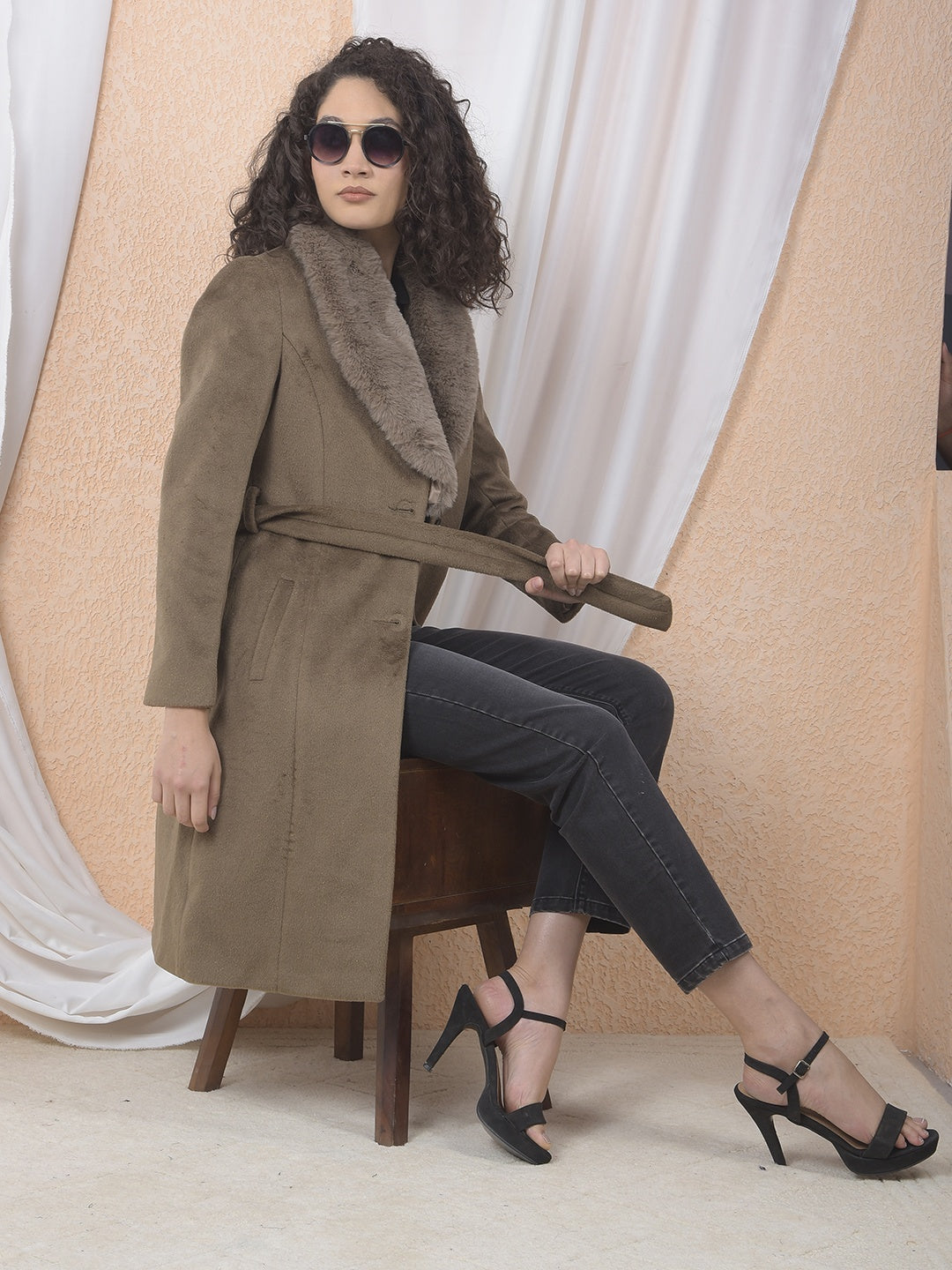 Brown Notched Lapel Overcoat With Belt