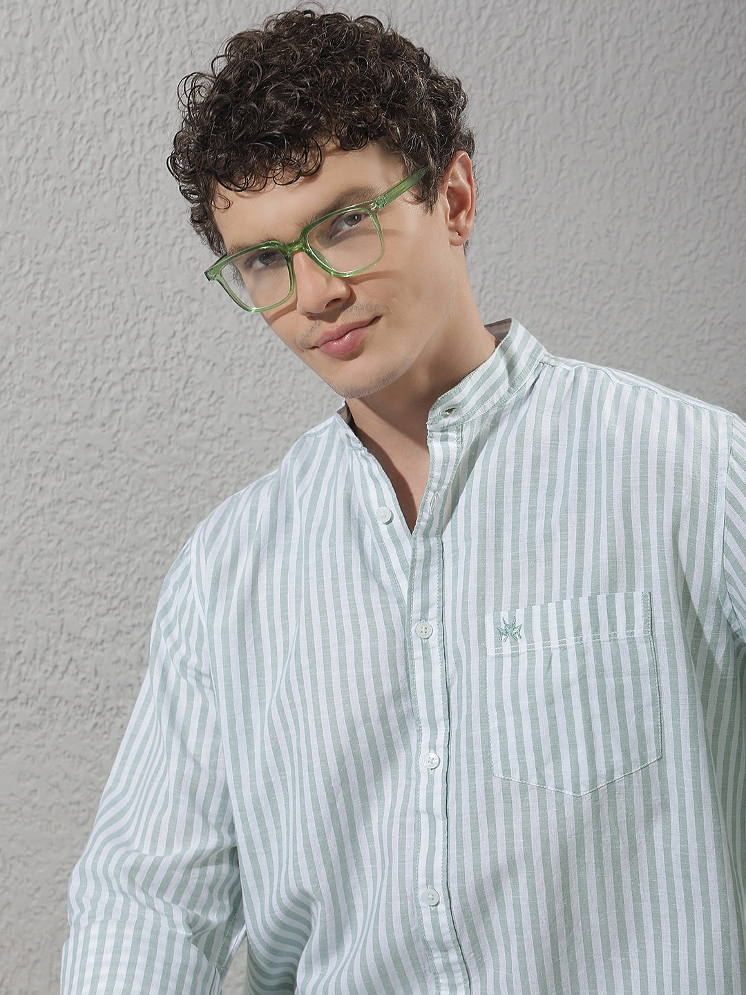 Green Linen Verical Stripes Shirt