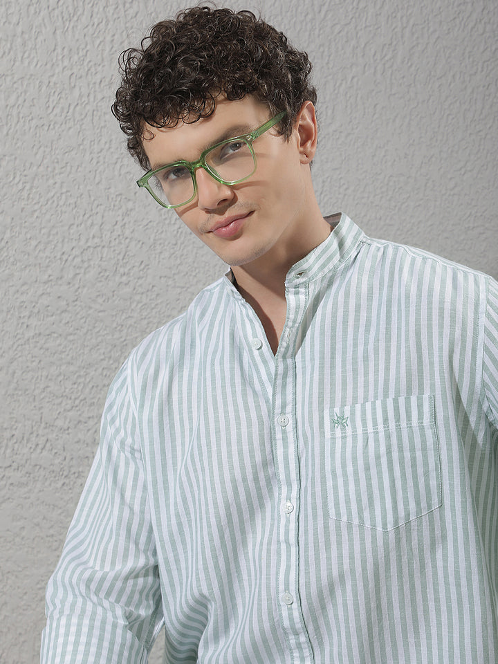 Green Linen Verical Stripes Shirt