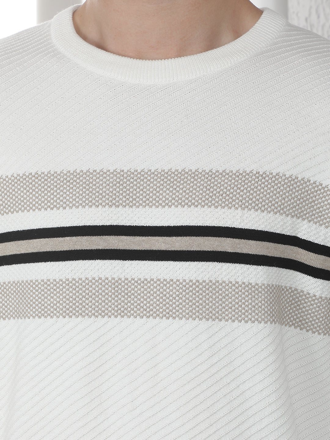 Off White 100% Cotton Horizontal Stripes Round Neck Sweater