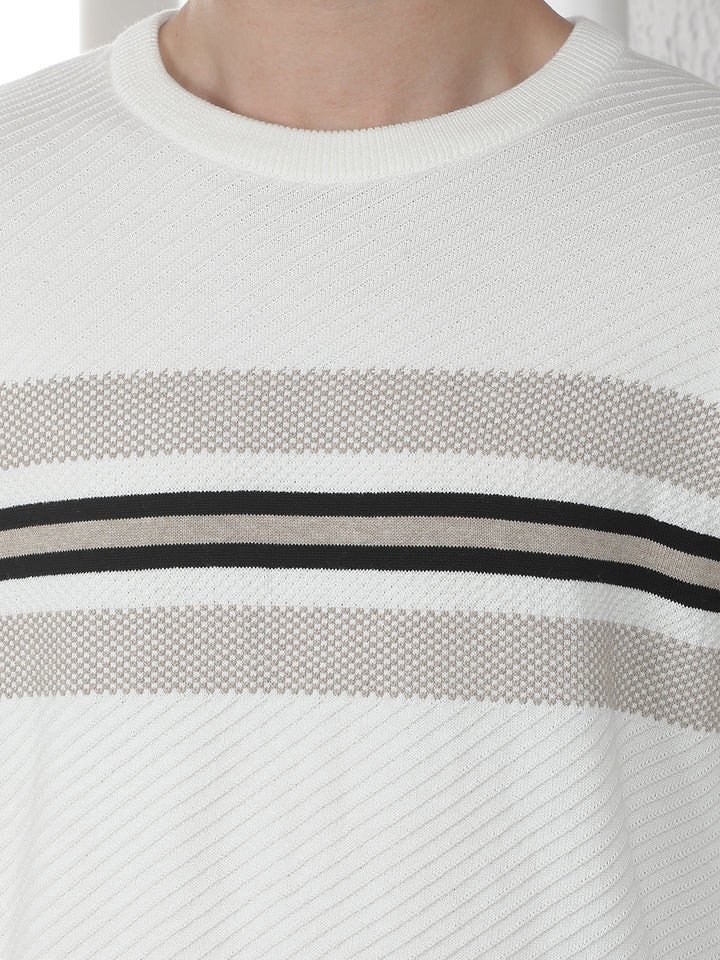 Off White 100% Cotton Horizontal Stripes Round Neck Sweater