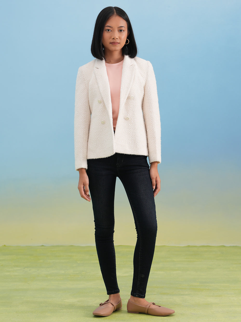 White Jacquard Notched-Lapel Coat