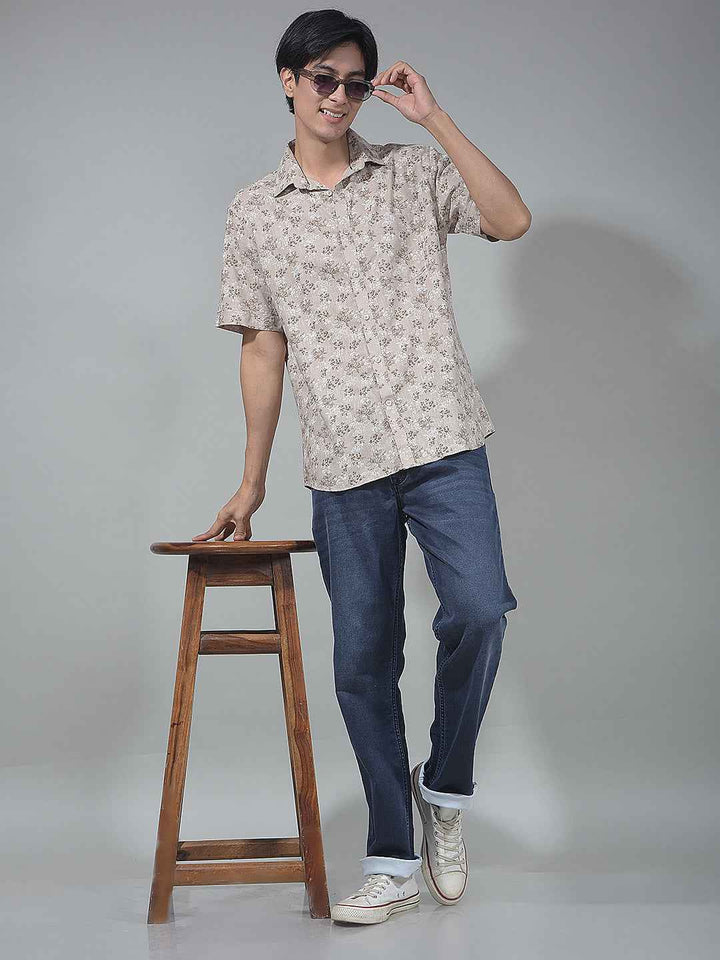 Beige Floral Print Linen Shirt