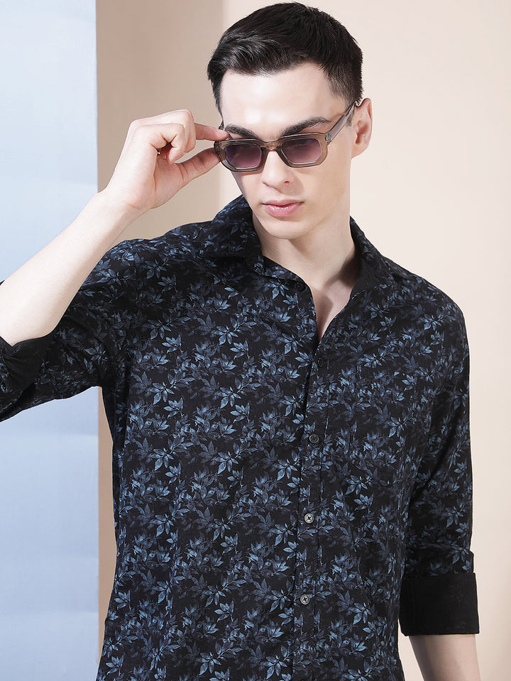 Navy Blue Floral Print Shirt
