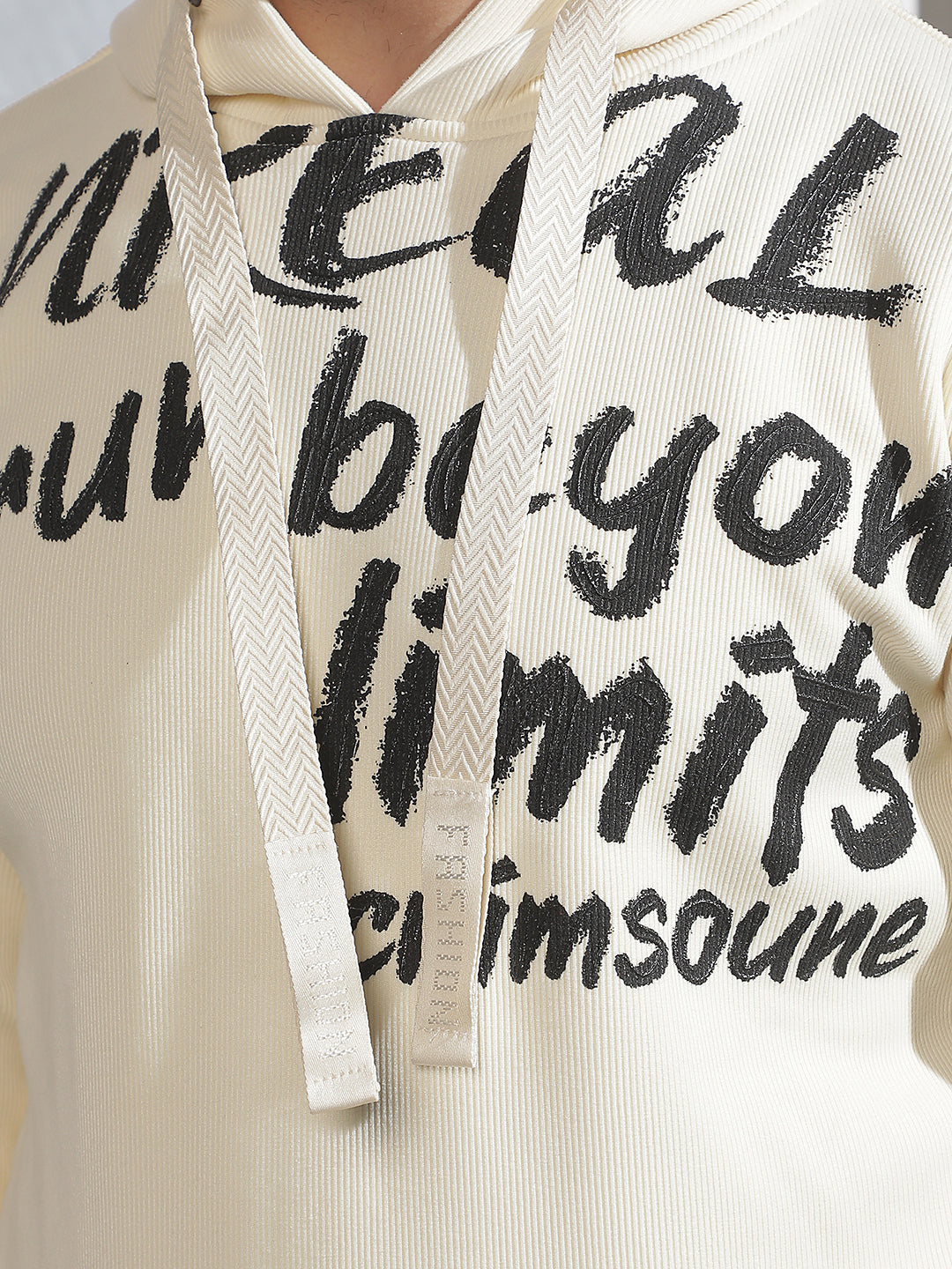 Off White Typographic Print Hooded Neck Sweatshirt
