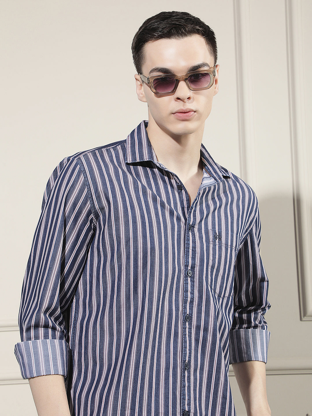 Navy Blue Vertical Stripes 100% Cotton Shirt