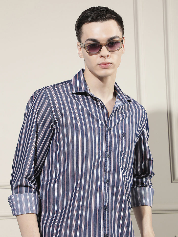 Navy Blue Vertical Stripes 100% Cotton Shirt