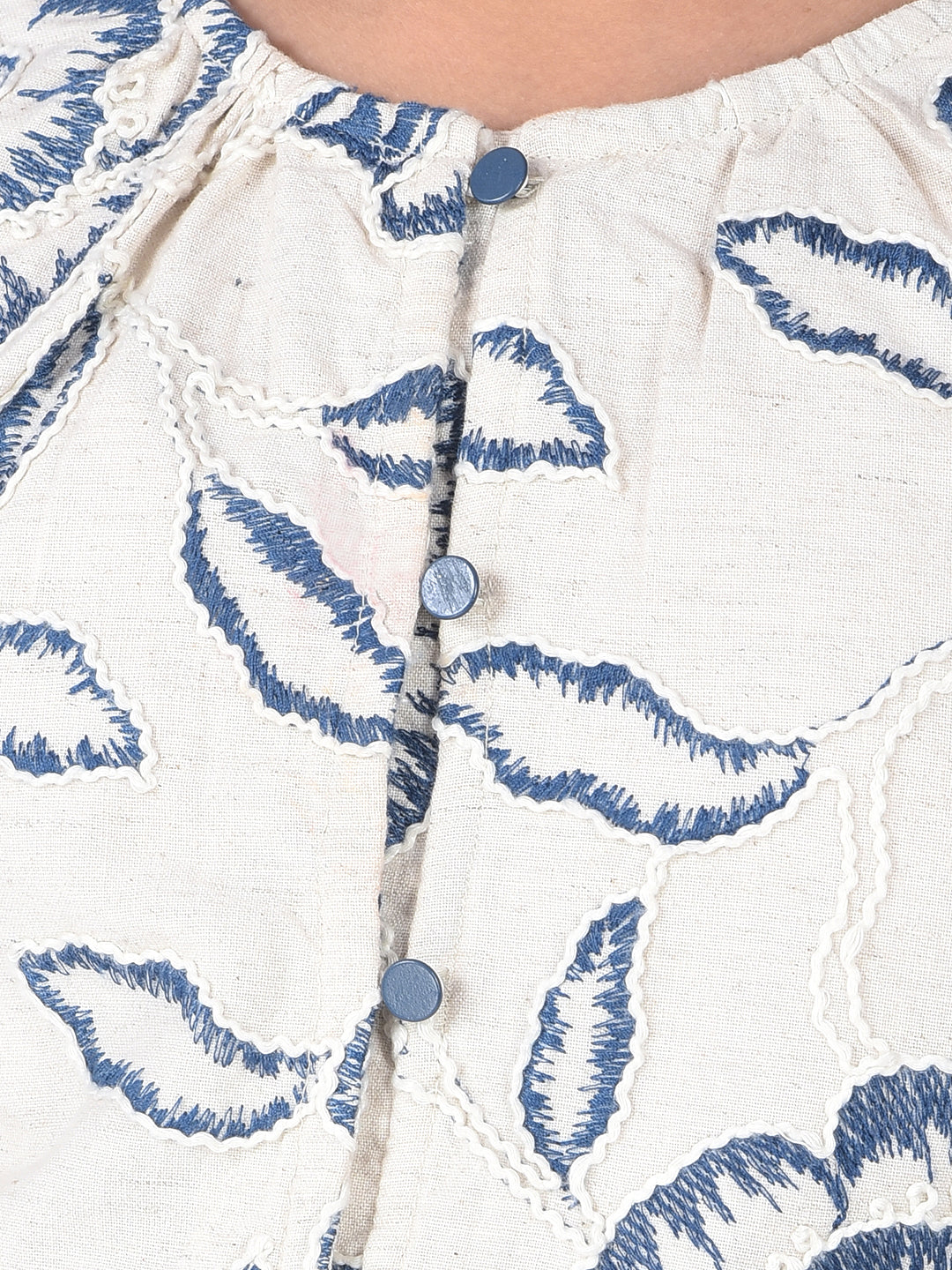 Blue Embroidered Linen Crop-Top