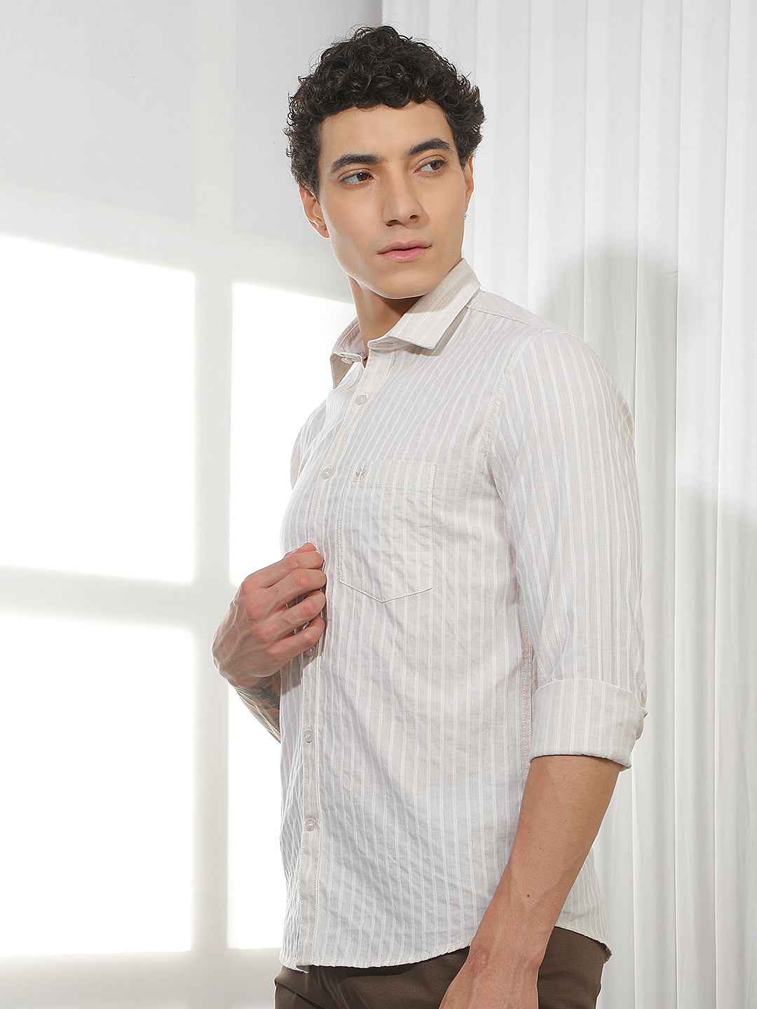 Beige Vertical Stripes Shirt