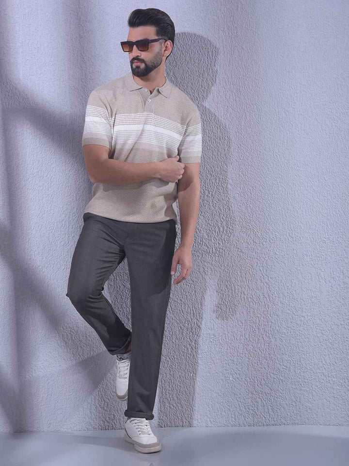 Beige Horizontal Stripes Knitted T-Shirt