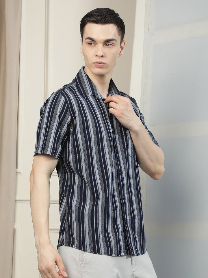 Navy Blue Vertical Stripes 100% Cotton Shirt