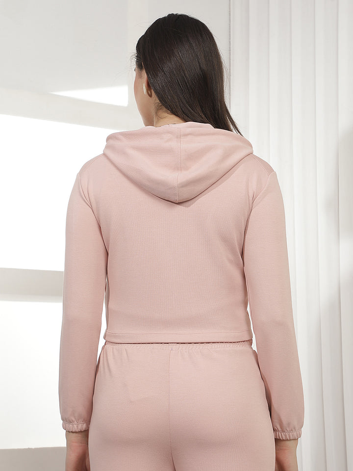 Pink Hooded Cropped Front-Open Sweatshirt