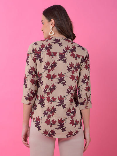 Beige Floral Print V-Neck Linen Top