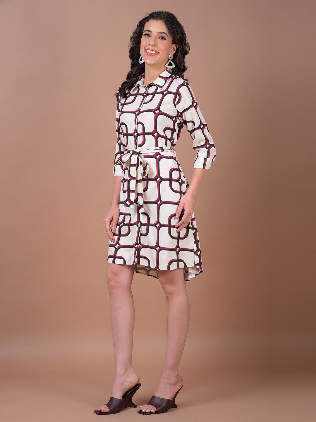 White Printed Belted Shirt Dress