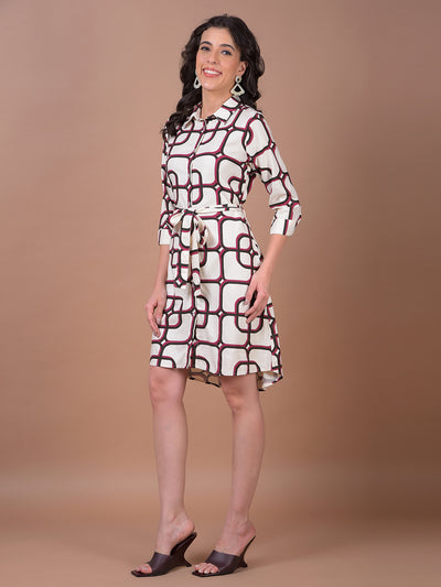 White Printed Belted Shirt Dress
