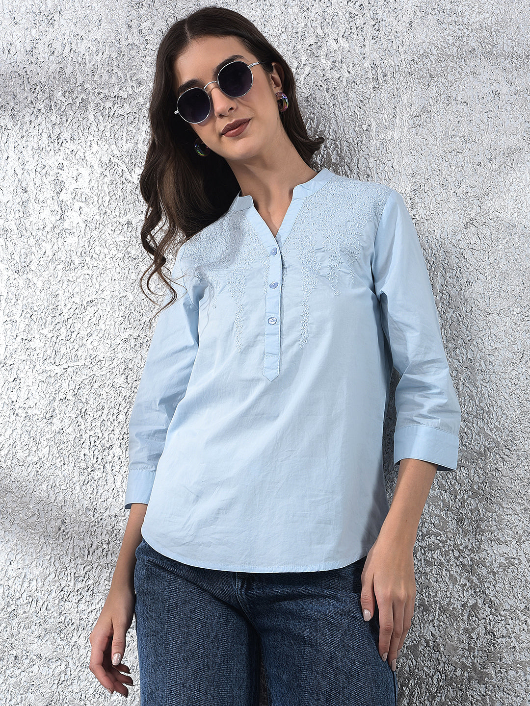 Blue Embroidered V-Neck 100% Cotton Top