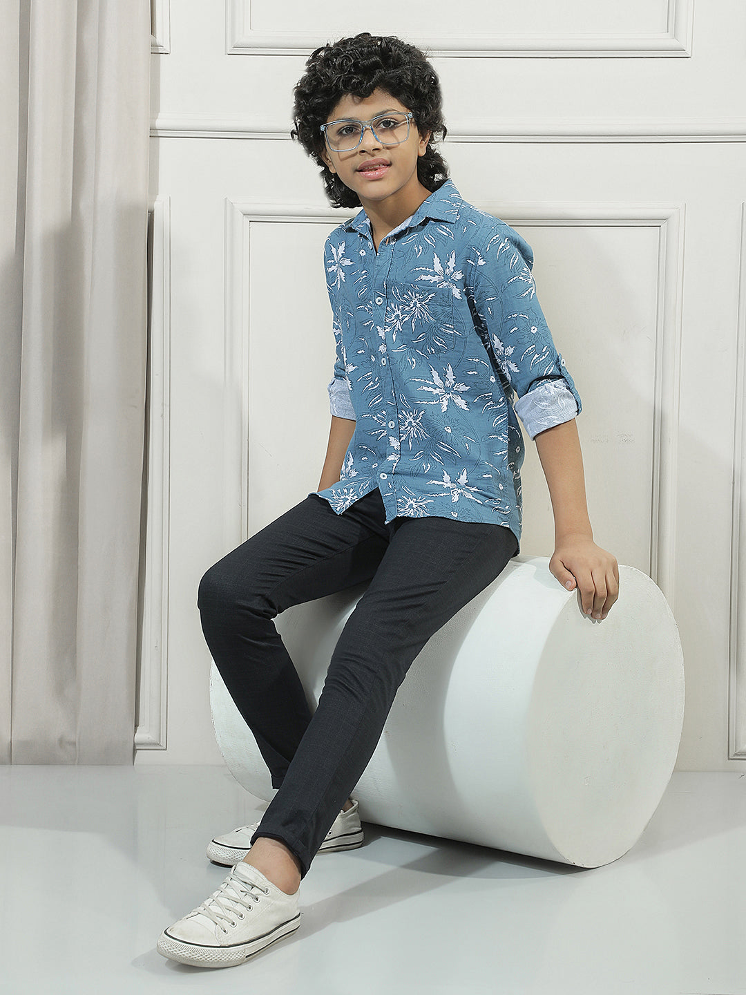 Teal Blue 100% Cotton Floral Print Shirt