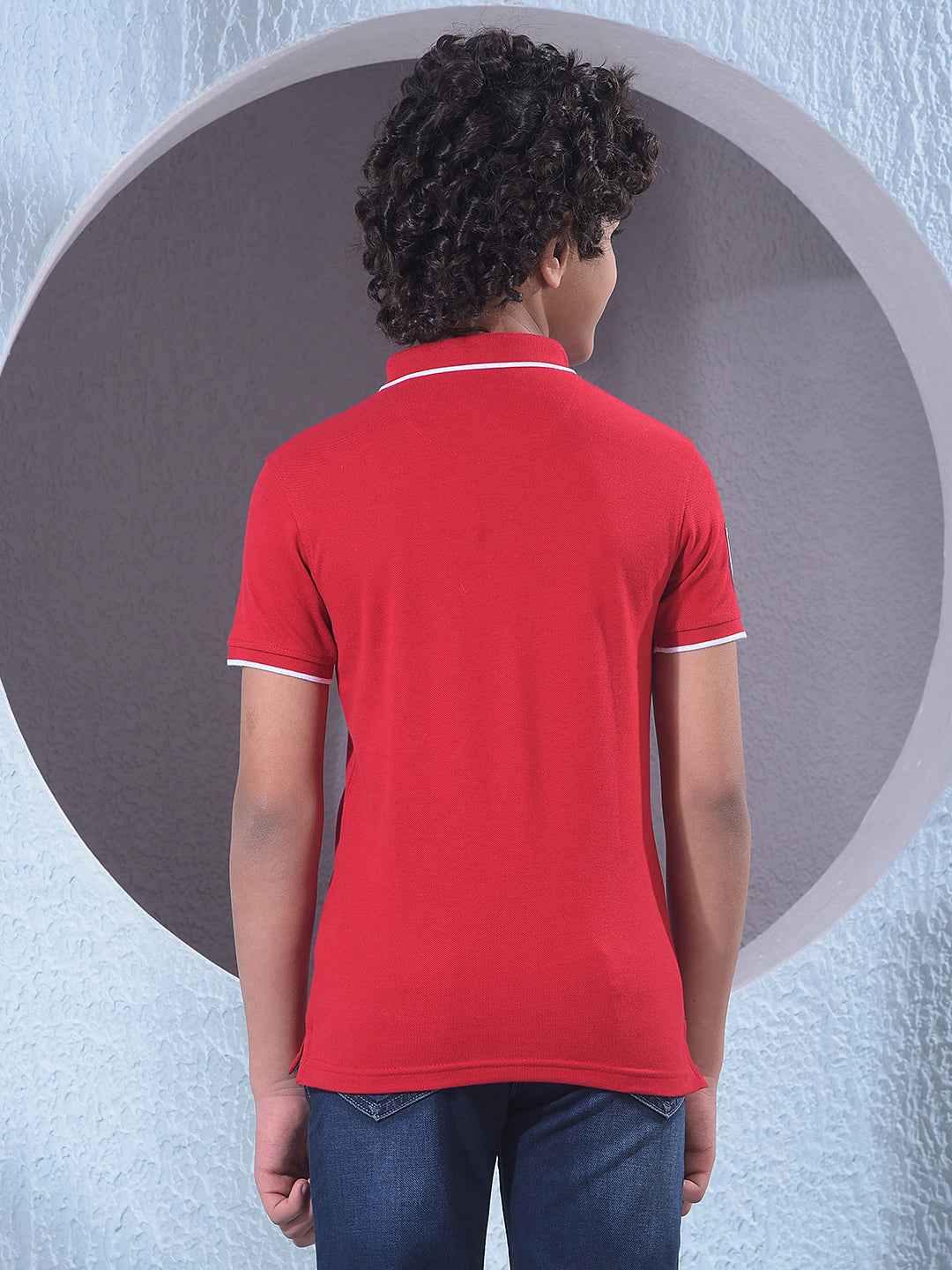 Red Typographic Print Polo Neck T-Shirt