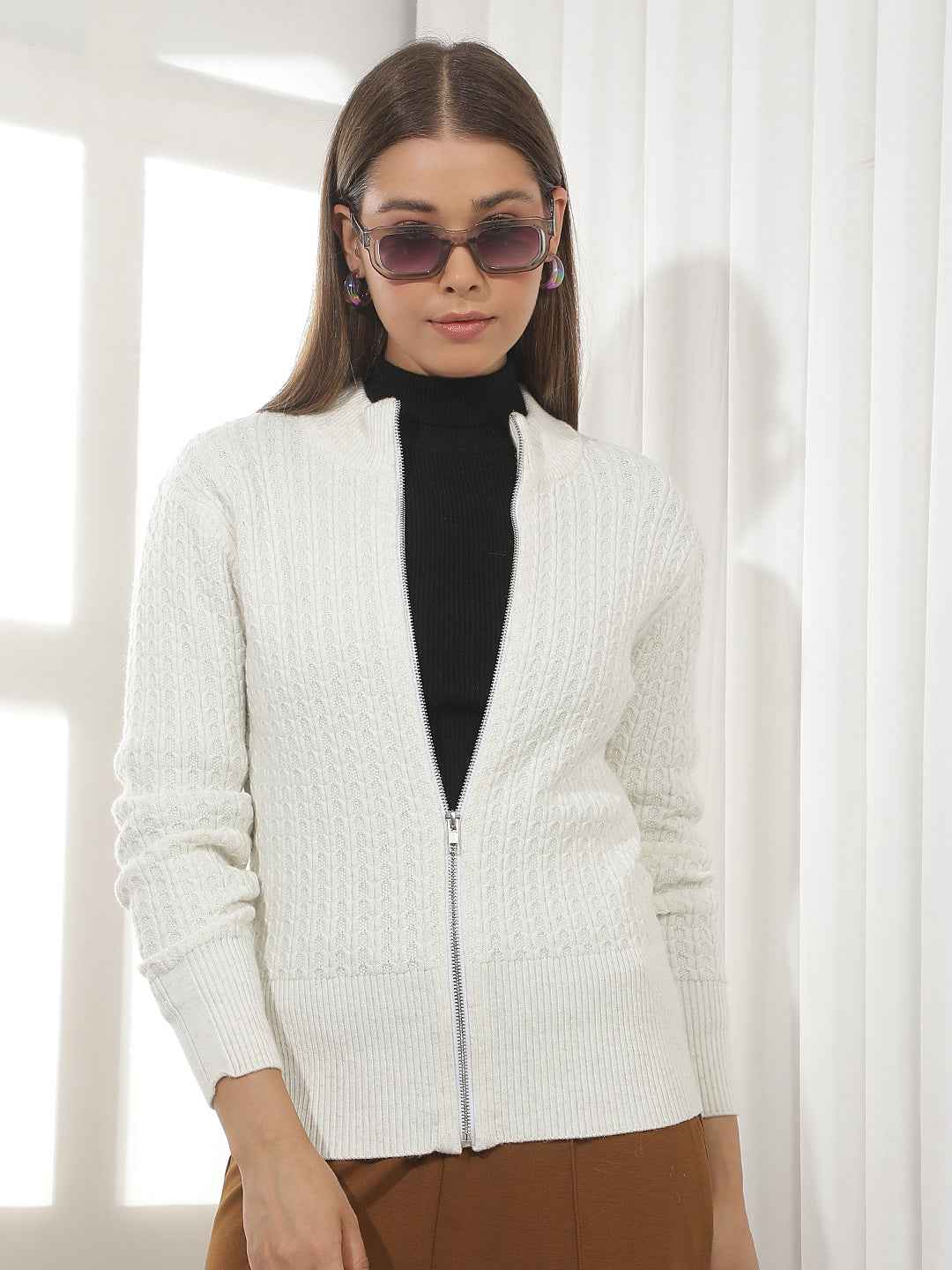 Off White Jacquard Mock Neck Sweater