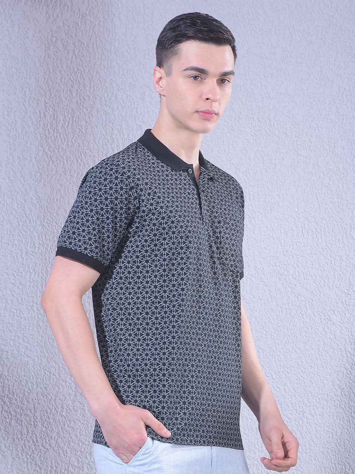 Black Printed Polo Neck T-Shirt