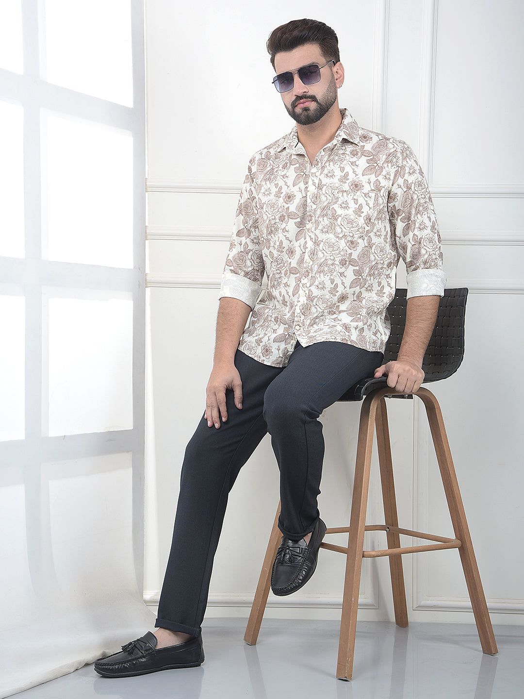 Brown Floral Print Linen Shirt