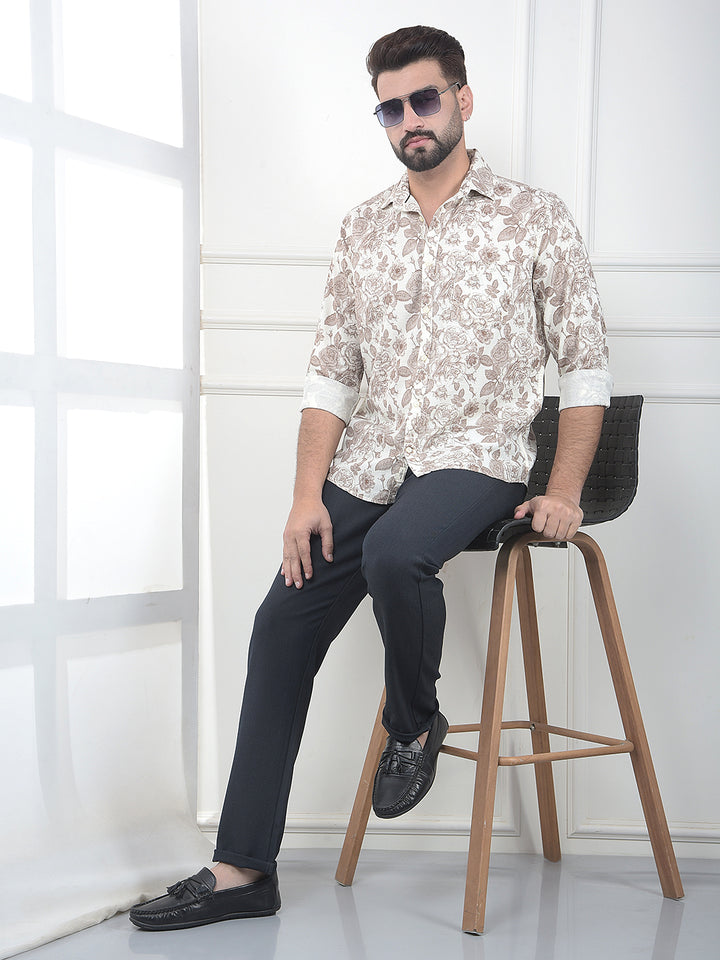 Brown Floral Print Linen Shirt