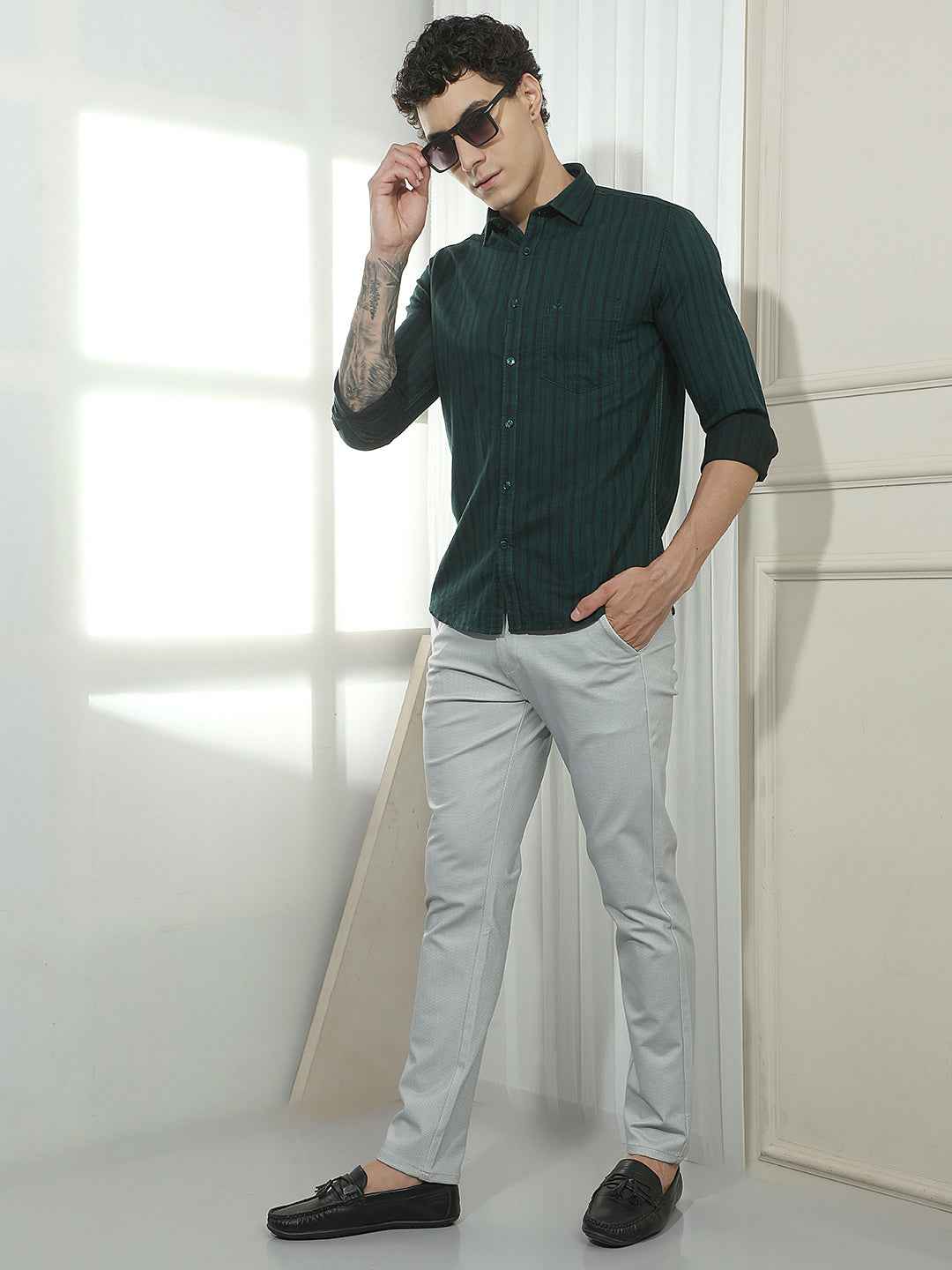 Green Vertical Striped 100% Cotton Shirt
