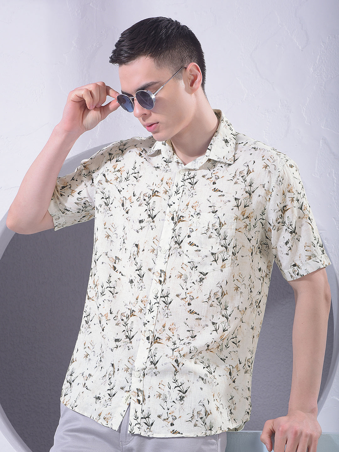 Brown Floral Print Linen Shirt