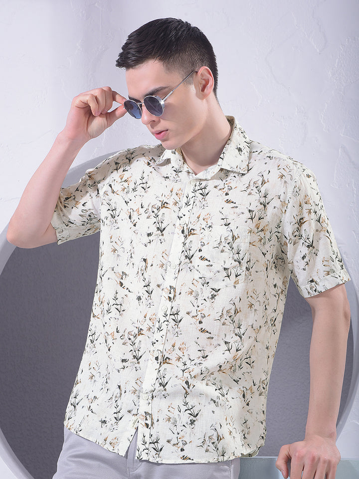 Brown Floral Print Linen Shirt