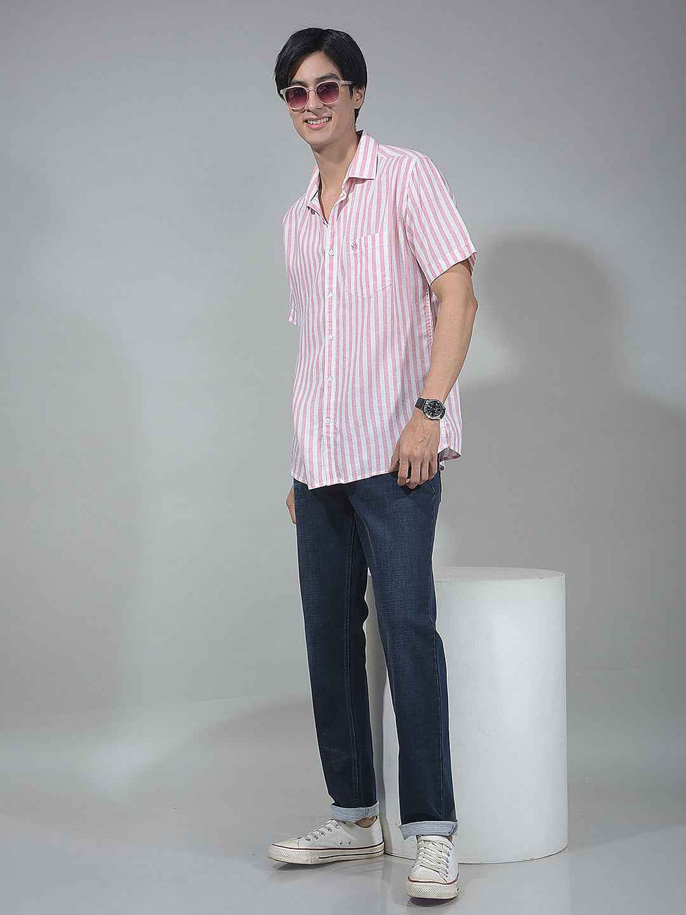 Peach Vertical Striped Linen Shirt