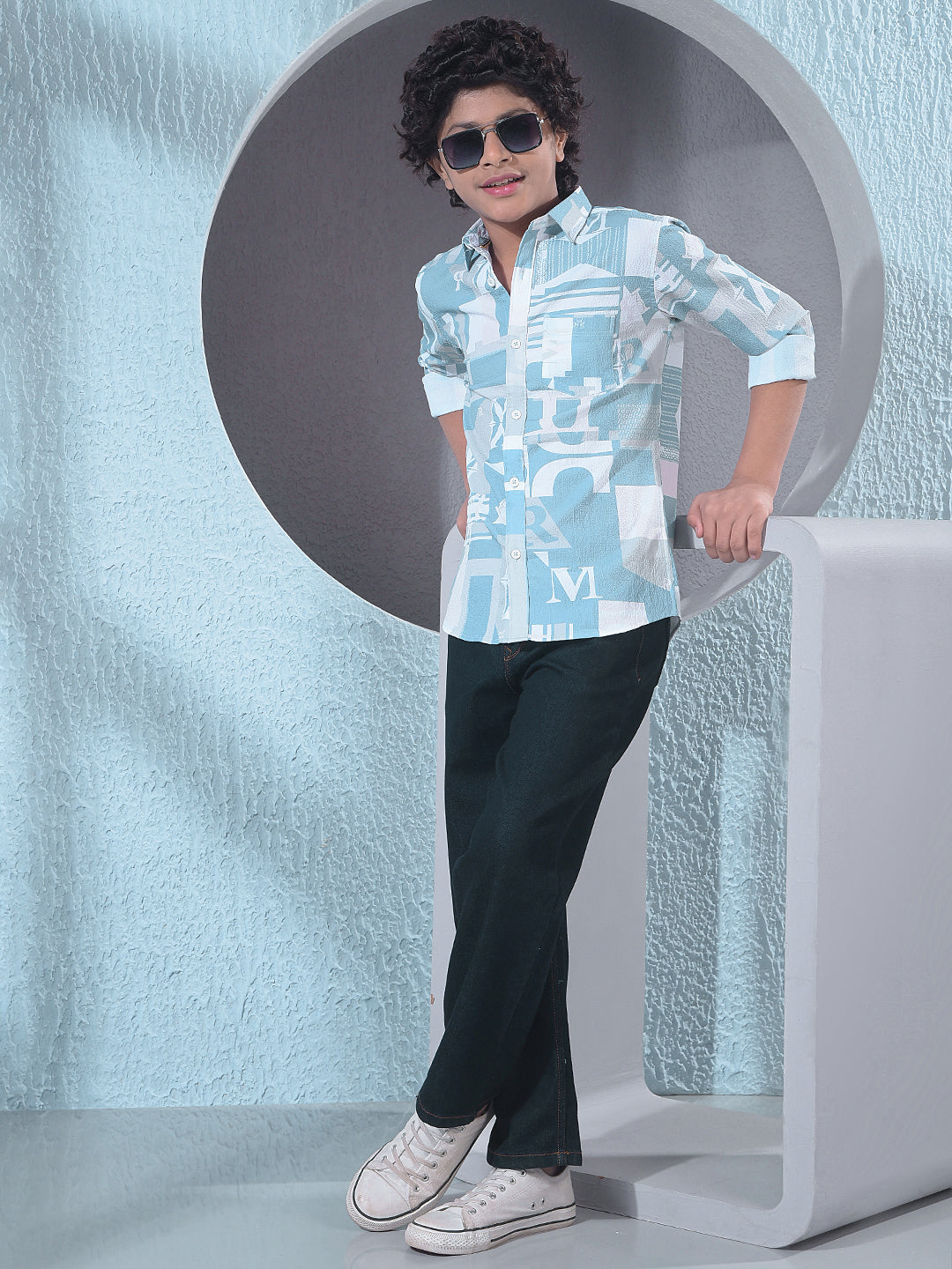 Blue Typographic Print Shirt-Boys Shirts-Crimsoune Club