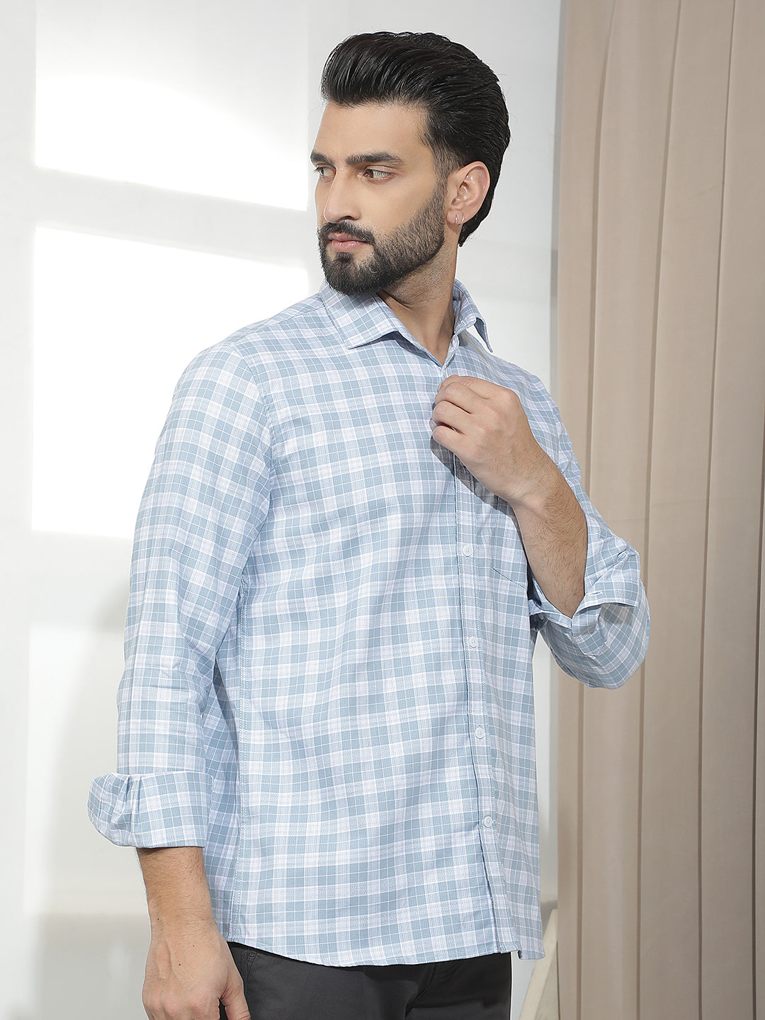 Pastel Blue 100% Cotton Checked Shirt