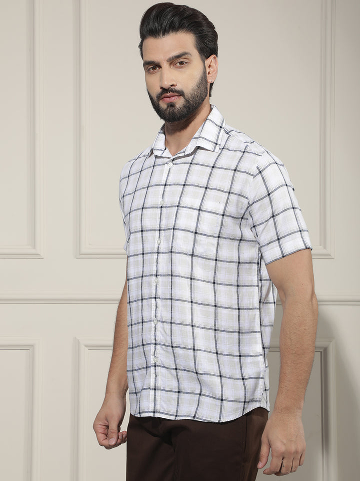 Navy Blue Checked Linen Shirt