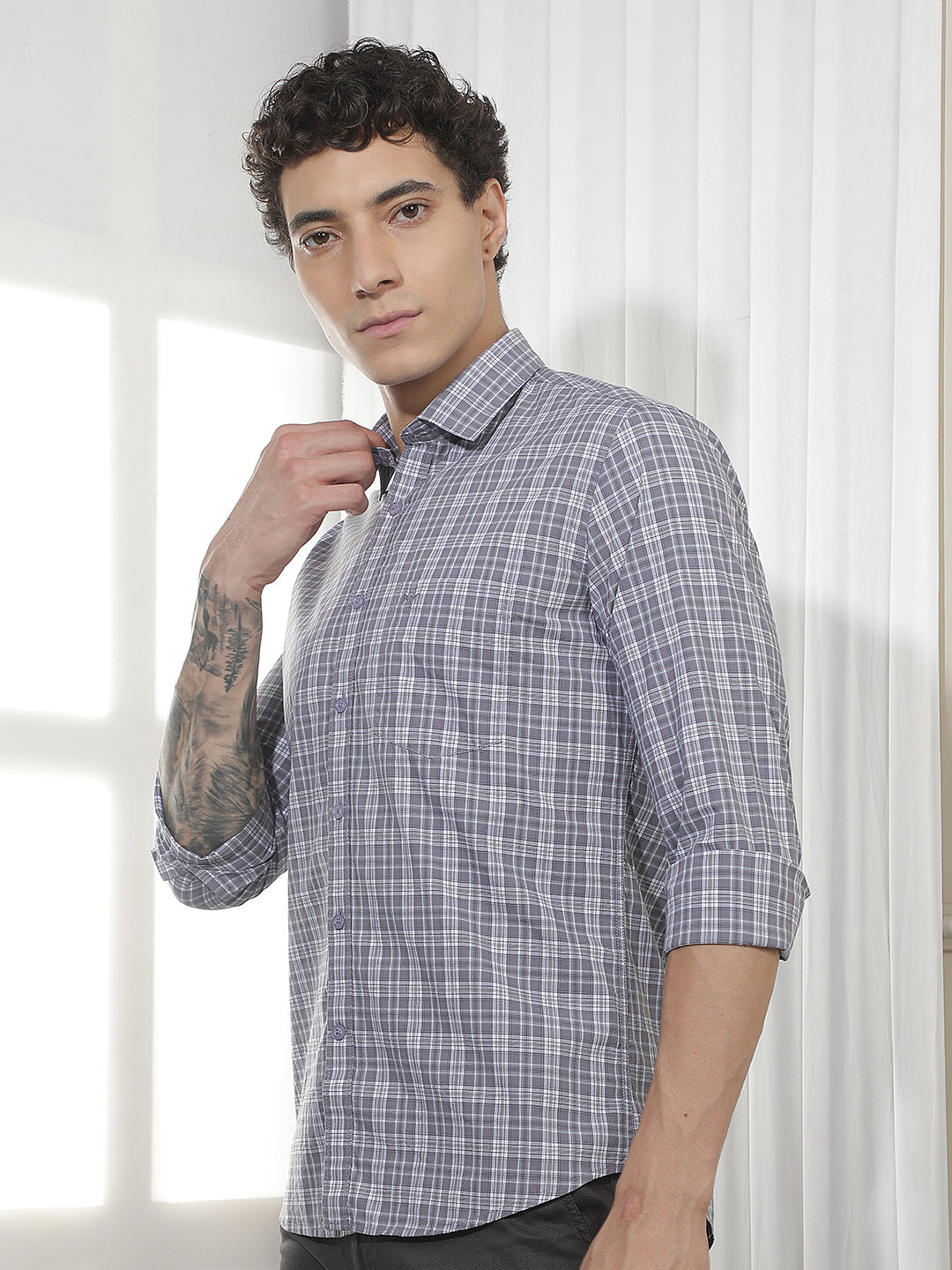 Purple Checked 100% Cotton Shirt