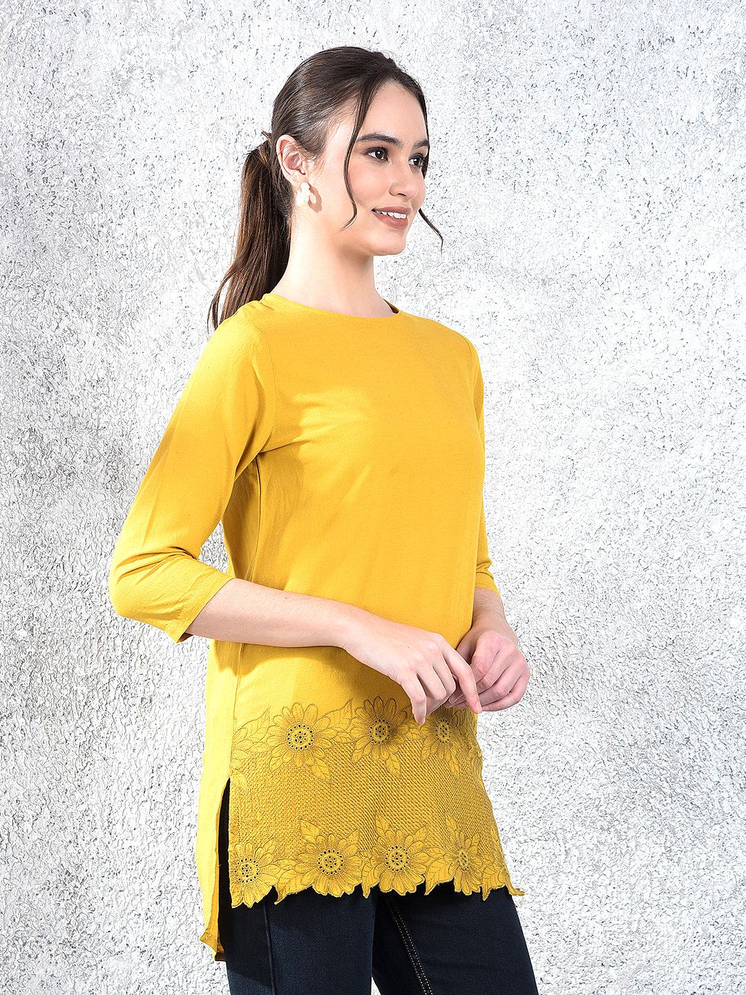Mustard Floral Embroidered Top