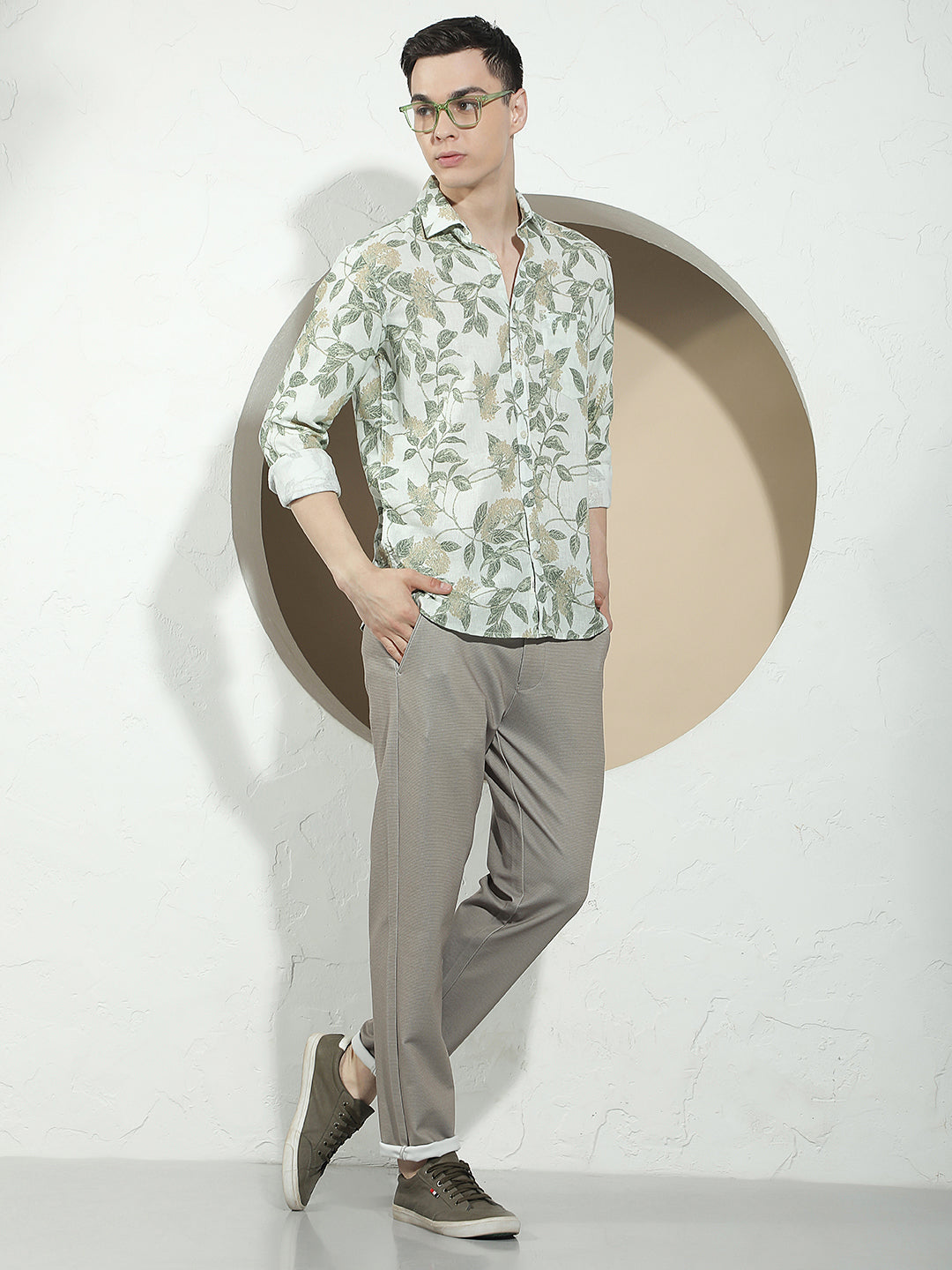 Green Botanical Print Linen Shirt