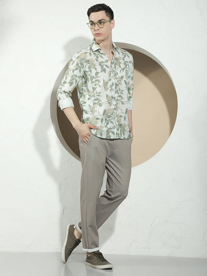 Green Botanical Print Linen Shirt