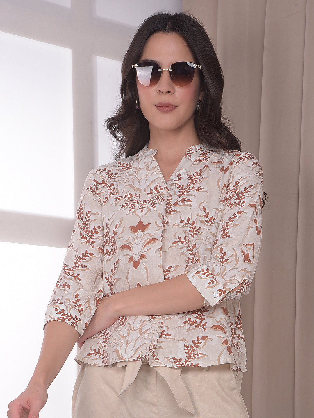 Off White Floral Print V-Neck Top