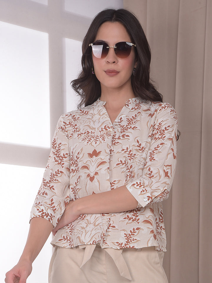 Off White Floral Print V-Neck Top